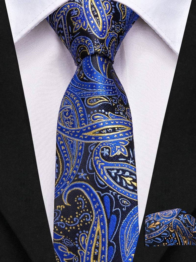 Dubulle Boys Blue Gold Paisley Necktie Self Tie Silk Paisely Kids Tie and Pocket Square Set for Age 8-11 Graduation School Uniform - Image 5